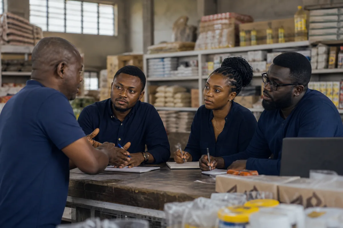 Latitude 5 Studio team conducting field research with a Ghanaian business operator